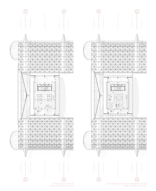 Das oberste Geschoss dient als Brücke, das darunterliegende als Café und Besucherzentrum. Ganz unten die Werkstatt; sie ist bei geschlossener Halle auf Höhe der Plattform Das oberste Geschoss dient als Brücke, das darunterliegende als Café und Besucherzentrum. Ganz unten die Werkstatt; sie ist bei geschlossener Halle auf Höhe der Plattform