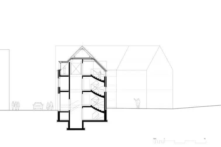 Querschnitt: der Keller nimmt die Abstellräume und die Holzpellet-Heizung auf Querschnitt: der Keller nimmt die Abstellräume und die Holzpellet-Heizung auf