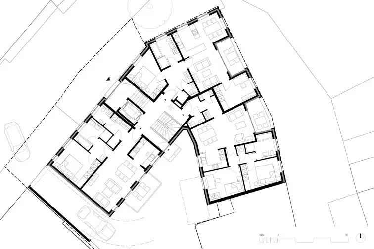 Grundriss Erdgeschoss: die Treppe liegt im spitzen Winkel des Dreispänners Grundriss Erdgeschoss: die Treppe liegt im spitzen Winkel des Dreispänners