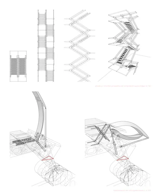 Die Wassertreppe lässt sich einfahren und reagiert dynamisch auf die Bewegungen des Wassers (o.); ein viergliedriges Getriebe ermöglicht den Öffnungsvorgang der freitragenden Halle (u.) Die Wassertreppe lässt sich einfahren und reagiert dynamisch auf die Bewegungen des Wassers (o.); ein viergliedriges Getriebe ermöglicht den Öffnungsvorgang der freitragenden Halle (u.)